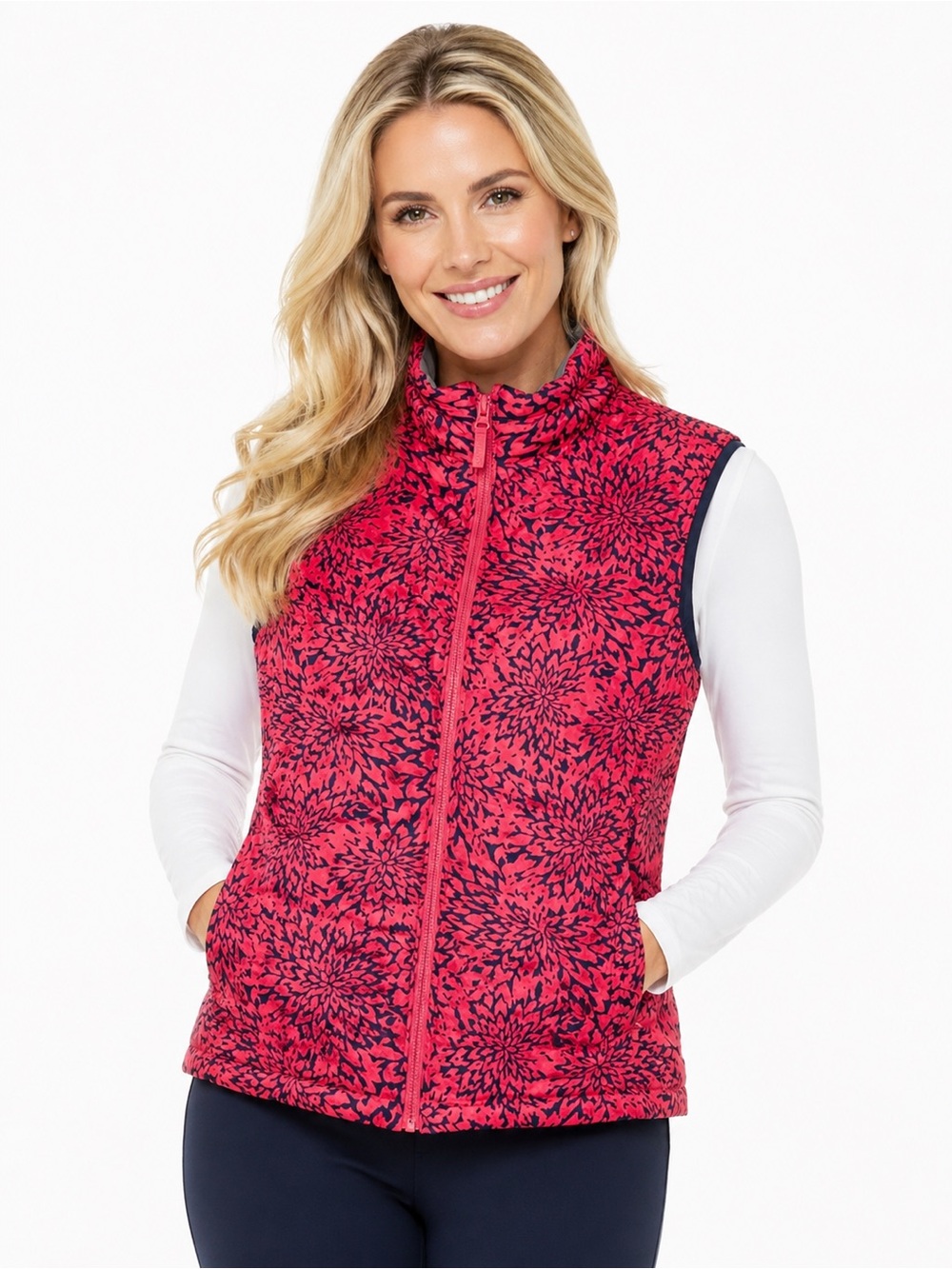 EUC Lands End Fuchsia & Blue Floral Print Vest Zipper with Pockets Size XL 18